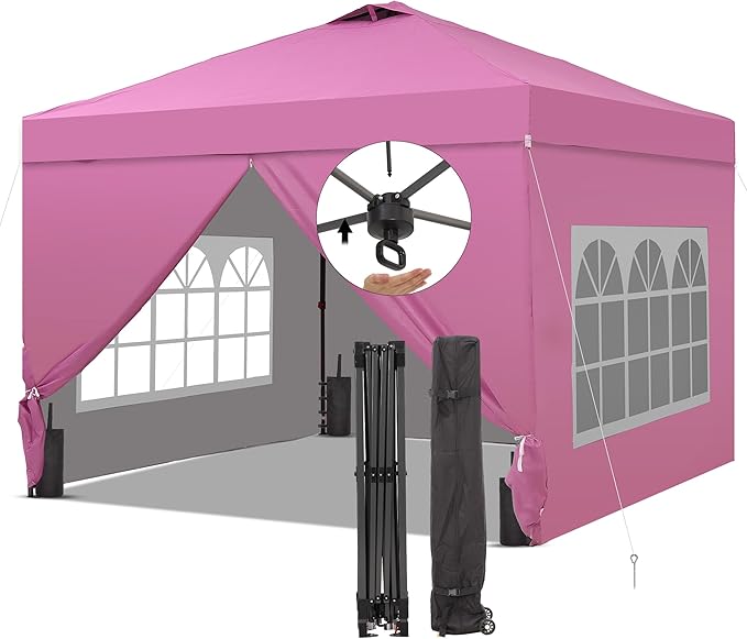 Saemoza 12x12 Pop Up Canopy Tent with One Push Setup, Portable Sun Shade Tent, Instant Easy Up Canopy with 4-Sidewalls & Wheeled Bag, Outdoor Fldable Gazebo with Vent Top, Pink.