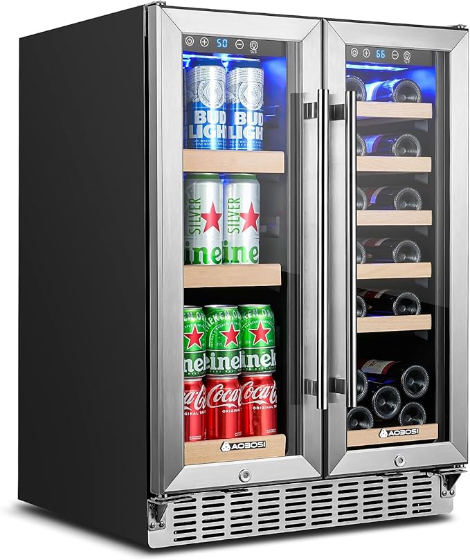 AAOBOSI Upgraded 88 Cans Dual Zone Wine and Beverage Cooler,Built-in and Freestanding,Removable Fashion Wooden Frame,Intelligent Digital Temperatrue Control,Low Noise,Dual Zone 24 Inch 19 Bottles