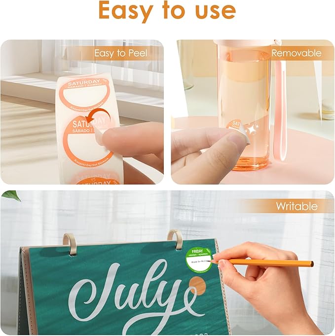 7000 Pcs 1 Inch Risepekt Removable Day Dots Food Labels (Monday-Sunday) 【English Español Français】, Easy to Peel Day of The Week Labels for Restaurant Kitchen Containers, Self Adhesive Date Stickers