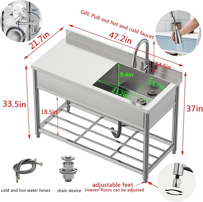 Commercial Sink with Drainboard Stainless Steel Utility Sink with Pull-out Faucet Free Standing Single Bowl Kitchen Sink with Workbench for Restaurant Garage Outoor, 21.7"D x 47.2"W x 37"H, Right Bowl