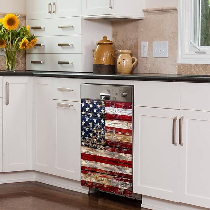 Dishwasher Magnet Cover Old Wooden American Flag Reusable Dishwasher Magnetic Cover Sticker Decorative Dish Washer Door Cover Panel for Home Kitcen Appliance