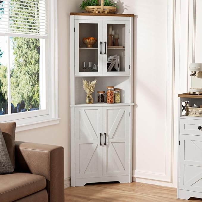 67''H Tall Corner Cabinet with 4 Tempered Glass Doors and Barn Doors, Farmhouse Storage Cabinet with 5 Adjustable Shelves, Home Pantry Hutch for Kitchen, Dining Living Room, Bathroom, Antique White