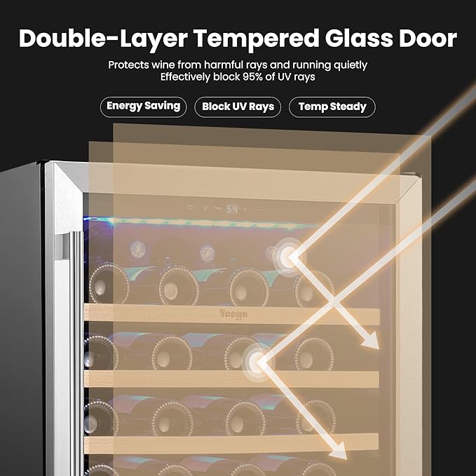 Yeego Wine Fridge Cooler - 24 Inch Wine Fridge Hold 52 Bottles, 40-65°F Wine Refrigerator Glass Door, Built in Fridge, Freestanding Adjustable Shelves Fridge for Beer Soda Drink Home Bar Office