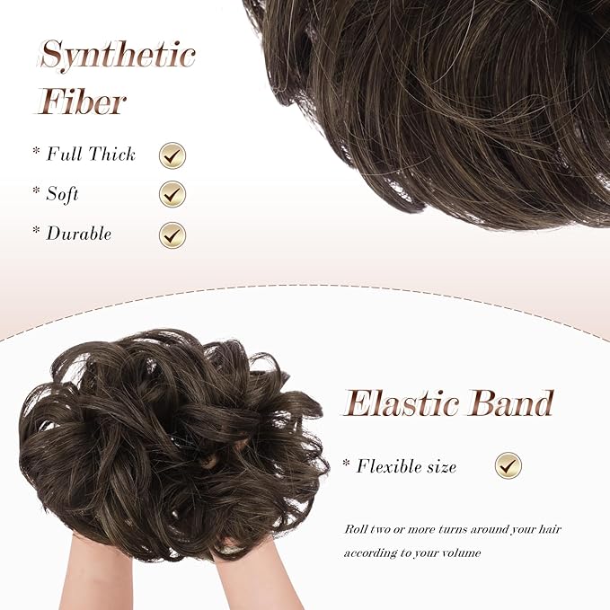 FESHFEN Large Messy Bun Hair Piece - Wavy Synthetic Chignon Scrunchies Elastic Ponytail Hair Extensions Thick Hairpieces for Women, Mixed Chocolate Brown 1.94oz
