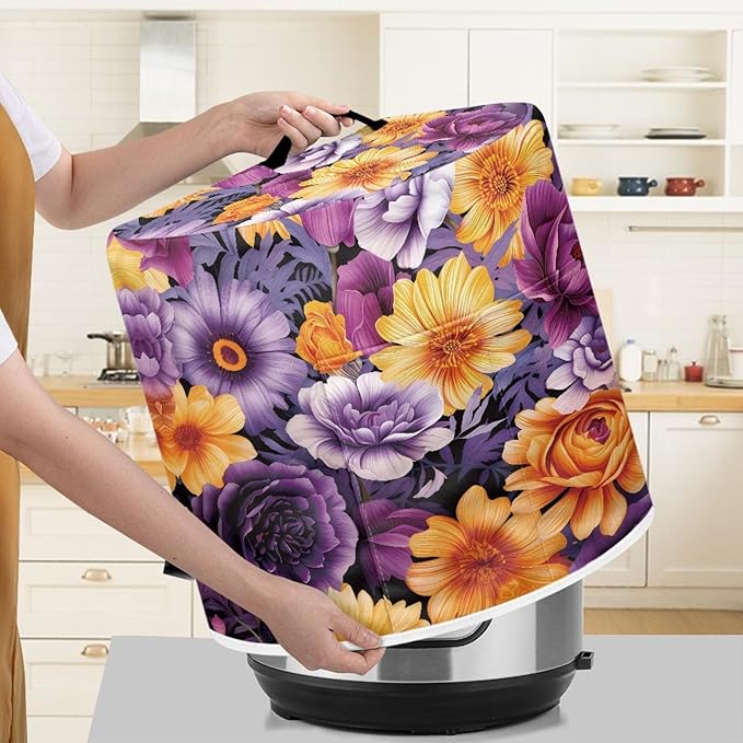 Flower Print Pressure Cooker Cover for 8 Quart Instant Pot and Air Fryer Accessories, Stain Resistant Washable Round Protective Cover Electric Appliance Cover with Front Pocket