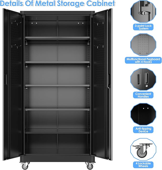 Aobabo Upgraded Garage Storage Cabinets with Wheels,Metal Storage Cabinets with 5 Adjustable Shelves for Garage Home Office Storage, Black,71''H*34''W*18''D,Assembly Required