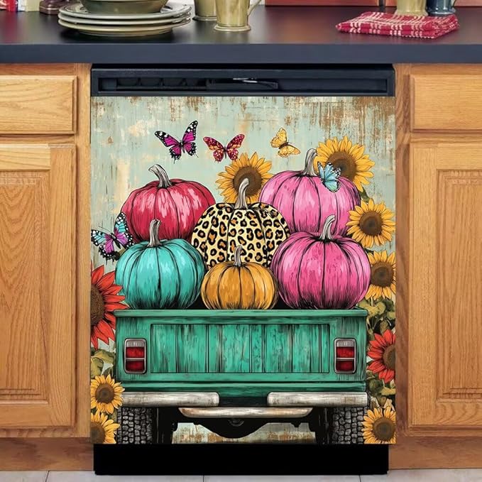 Fall Pumpkin Truck Magnetic Dishwasher Cover Vinyl Sticker,Farm Harvest Sunflowers Dishwasher Magnet Cover, Rustic Barn Fridge Door Cover Magnets Art Skin Panel Decal for Home Decor, 23"X26"
