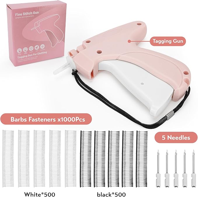 Clothing Label Gun,Standard Retail Price Tag Labeling Gun Kit,Having 5 Needles, 1000 Micro Fasteners,Suitable for Store,Warehouse,Consignment,Yard Sale,etc.(Pink-1)