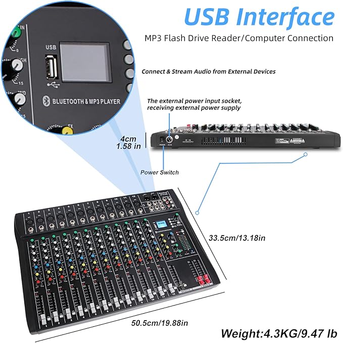 Depusheng DT12 Studio Audio Mixer 12-Channel DJ Sound Controller Interface w/USB Drive for Computer Recording Input, XLR Microphone Jack, 48V Power, RCA Input/Output for Professional and Beginners