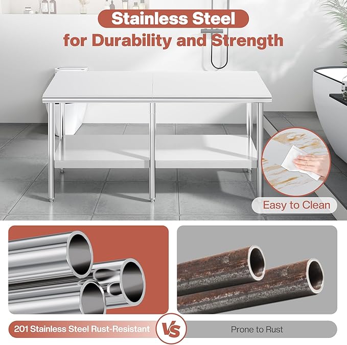 Jocisland 30" x 72" Stainless Steel Table for Prep & Work Adjustable Under Shelf and Feet, for Commercial Kitchen, Restaurant, Hotel, Garage