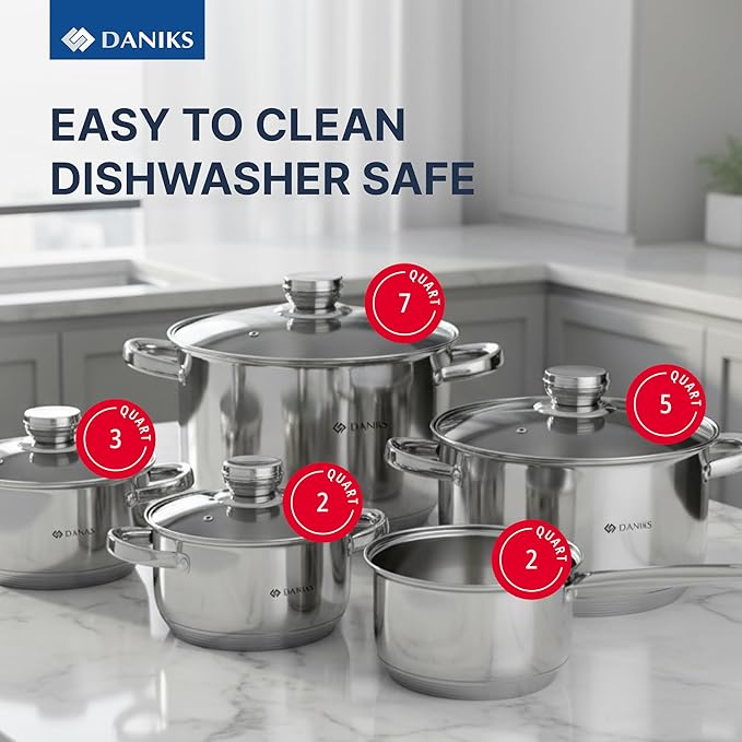 Daniks Standard 9-Piece Stainless Steel Cookware Set with Glass Lids, Includes Saucepan, Tri-Ply Bases for Even Heating, Induction Compatible, Dishwasher Safe, Built-In Measuring Scale, Silver