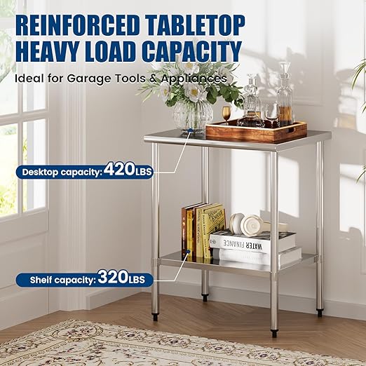 Stainless Steel Work Table 24 x 30 Inch with Adjustable Undershelf, Heavy-Duty Metal Prep Table for Commercial Kitchen & Restaurant, Garage, Outdoor