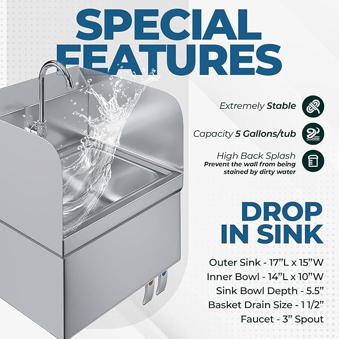 Stainless Steel Hands-Free Wall-Mounted Hand Sink – 17" x 15" with Knee Pedals, Faucet & Side Splash Guards – NSF Certified