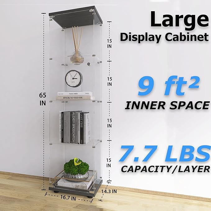 4-Shelf Glass Display Cabinet,Floor Standing Glass Curio Cabinets Bookshelf with Door&Locks,Toys Display Case Trophy Display Case,for Living Room,Kitchen,Bedroom,Exhibition Hall (Black)