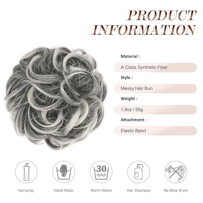 FESHFEN Messy Bun Hair Pieces - Large Wavy Curly Elastic Hair Bun Scrunchies Ponytail Extensions Synthetic Chignon Hairpieces for Women, Black Gray and White Tips 1.94oz