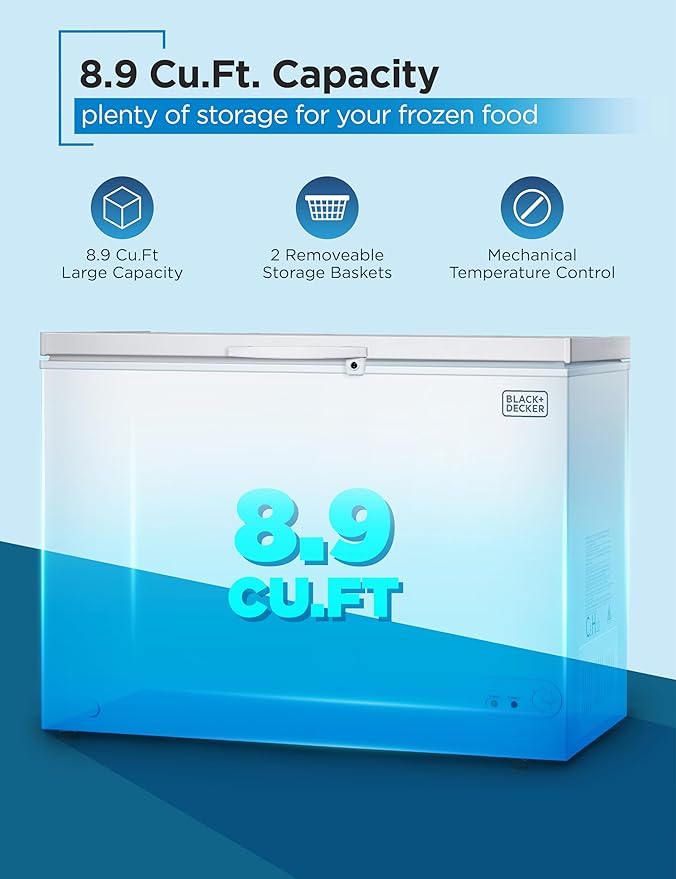 BLACK+DECKER 8.9 Cu. Ft. Chest Freezer, Deep Freezer with Top Opening, Freezer Chest with 2 Removable Storage Baskets, Mechanical Temperature Control, Manual Defrost, R600a Refrigerant, BCF890E,White