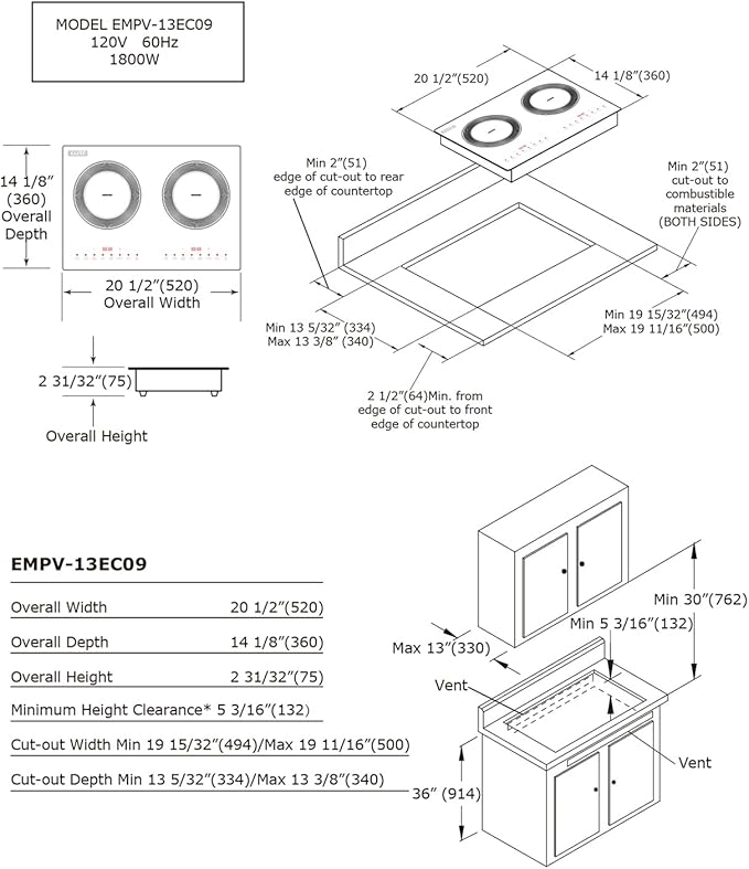 Empava Double/Dual Induction Cooktop 2 Burner, Shatter-proof Flat Glass Top, 18 Levels from 120°F to 460°F, 3 Preset Mode, Bulit-in/Countertop, 110~120 Volt Plug in Electric Stove for Kitchen, RV