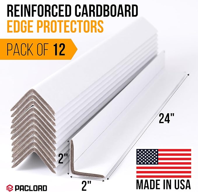 24" x 2" x 2" Reinforced Cardboard Edge Protectors, White (Pack of 12) – 0.225" Thick Extra Heavy-Duty Cardboard Corner Protectors – American Quality V-Board Pallet Edge Protectors