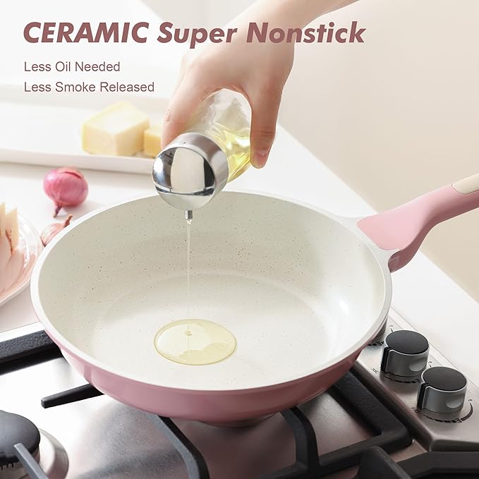 SENSARTE Nonstick Ceramic Frying Pan 9.5-Inch, Healthy Non Toxic Skillet, Induction Compatible Omelet Pan with Heat Resistant Handle, PFAS-Free, Pink