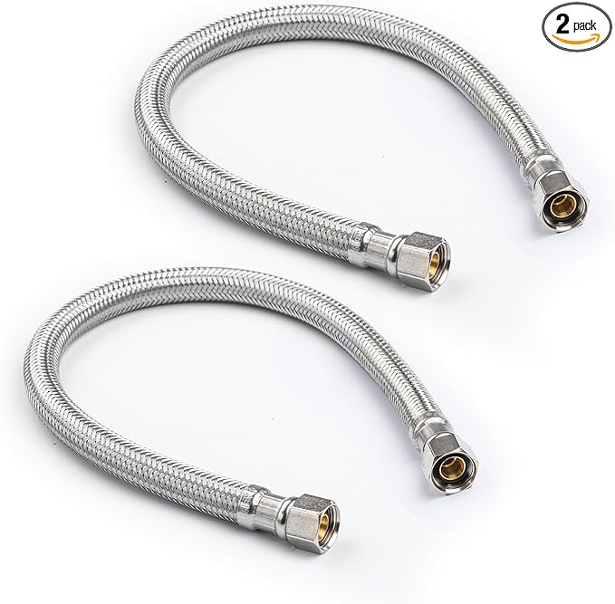 Stainless Steel Braided Water Connectors with Reinforced PVC Inner Hose for Faucets, 3/8" Compression x 3/8" Compression, 20" Length (2Pack)