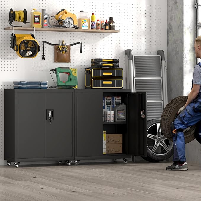 Metal Storage Cabinet,Lockable Garage Storage Cabinets with Wheels,Rolling Tool Cabinet with Doors and Shelves,Basement,Office,Black
