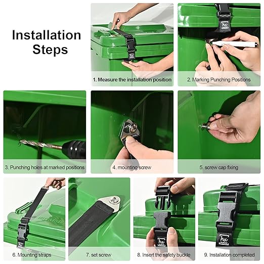 HX AURIZE Universal Trash Can Lid Lock Strap for Round & Square Bins - Sturdy Outdoor Garbage Lock - Raccoon, Dog & Small Animal Stopper - Secure Bolt-On Design (Drilling Required) Black 4 Pack