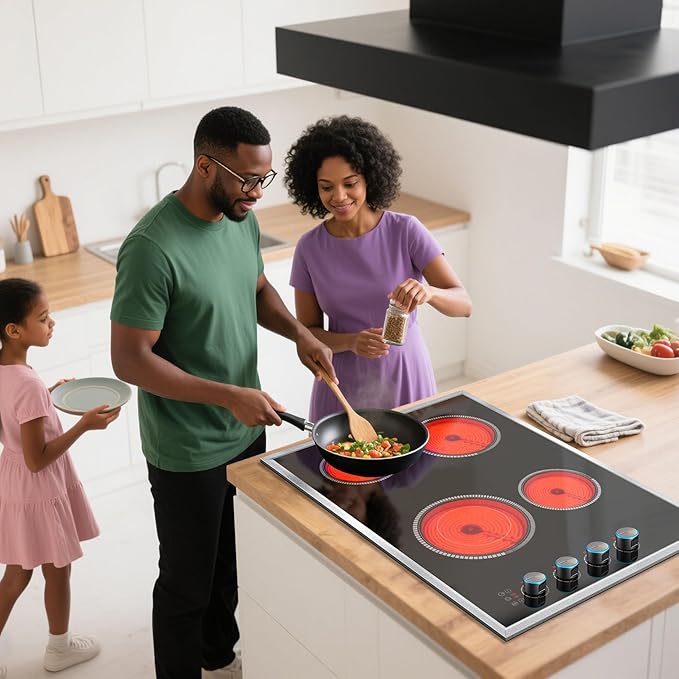 30 Inch Electric Cooktop, 4 Burner Electric Stove Top with Knob Control, 6700W Stove Top Burner with Overheat Protection, Child Lock, Timer, Durable Metal Frame, Bulit-in Glass Top 220-240V Hardwired