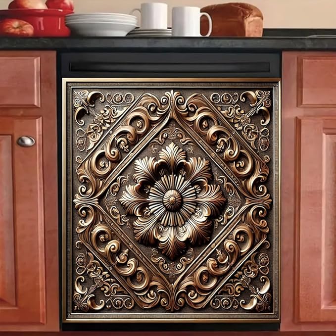 2D Flat Vintage Bronze Floral Embossed Dishwasher Magnetic Cover 23x26 Inch OrnateMetal Carved Pattern Appliance Magnet for Kitchen Decor