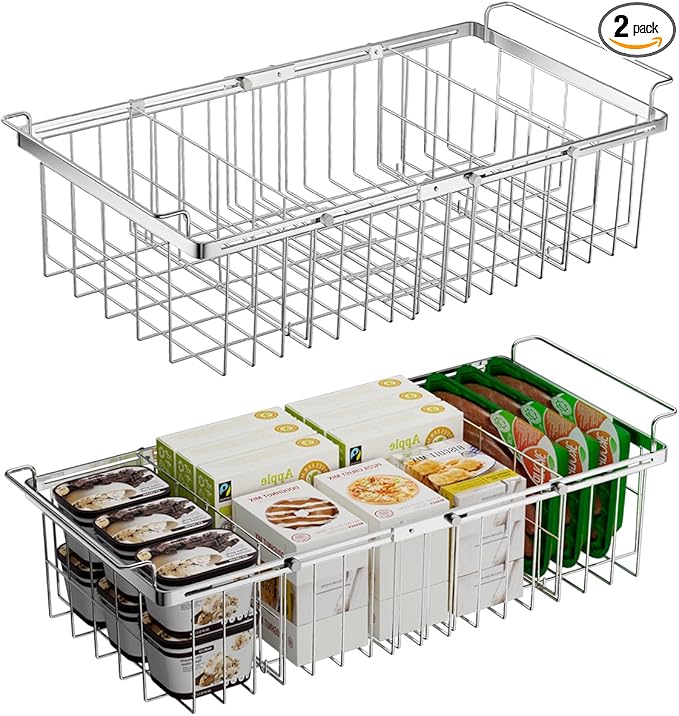 Large Freezer Baskets for Chest Freezer with Dividers, Deep Freezer Organizer Bins Expandable 15.5"~24.5", Hanging Storage Container Baskets for Chest Freezer Sort Frozen Meats