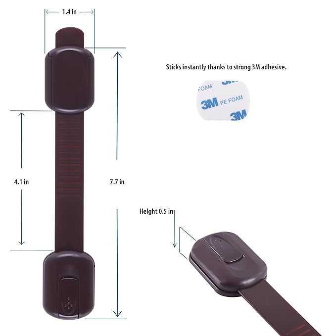 Child Safety Cabinet Locks (6 Pack) – Adjustable Baby Proofing Strap Latches with Strong 3M Adhesive – No Drill Childproof Locks for Drawers, Cabinets, Fridge, Door, Closet, Brown