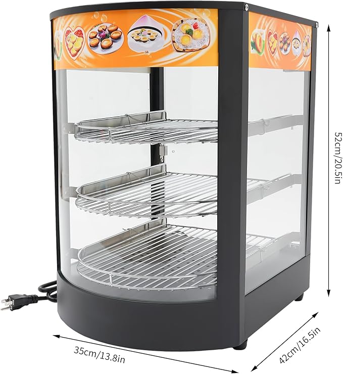 Commercial Food Warmer Display, 3-Tier Electric Countertop Food Warmer with Led Light Removable Shelves 5mm Tempered Glass Door, Temp Adjustable Pizza Pretazel Warmer for Restaurant Cafe, 110V 800W