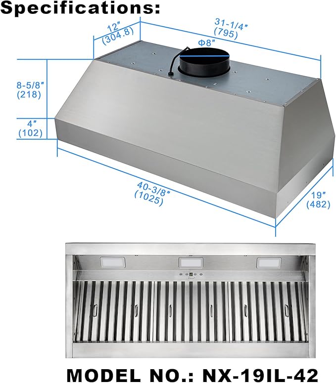 Akicon Range Hood Insert 42 Inch, 1200 CFM Built-in Kitchen Hood with 4 Speeds, Ultra-Quiet Stainless Steel Ducted Vent Hood Insert with Dimmable LED Lights and Dishwasher Safe Filters