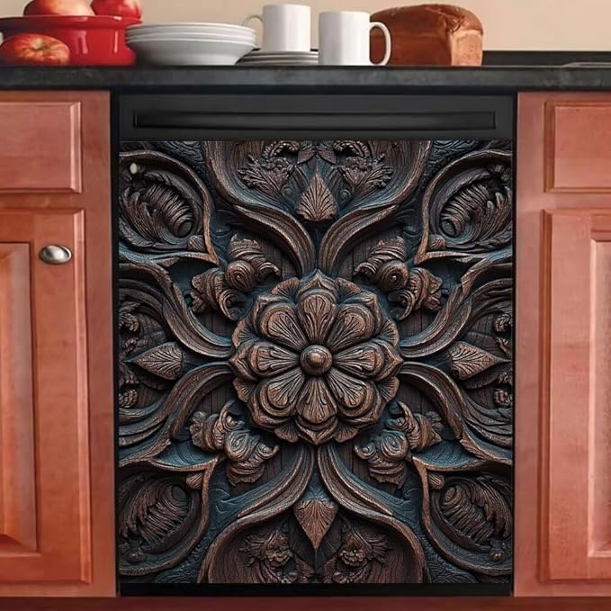 Vintage Wood Flower Dishwasher Magnet Cover, Farm Wooden Carved Floral Magnetic Dishwasher Covers for Front, Farmhouse Fridge Magnets Refrigerator Skin Panel Cover, 23"x 17"