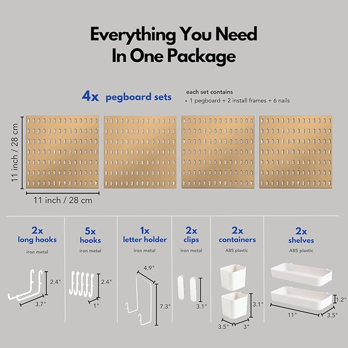 Keepo Pegboard Combination Kit, Pegboards and Accessories Modular Hanging for Wall Organizer, Crafts Organization, Ornaments Display, Nursery Storage, Peg Board (Tan Brown, 22″×22″)