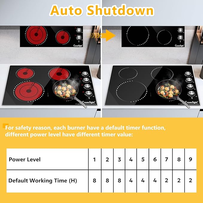 30 Inch Electric Cooktop, 4 Burner Electric Stove Top with 9 Power Levels, Knob Control, Auto shutdown and Residual Heat Warning, 7200W, 220-240V for Hard Wire