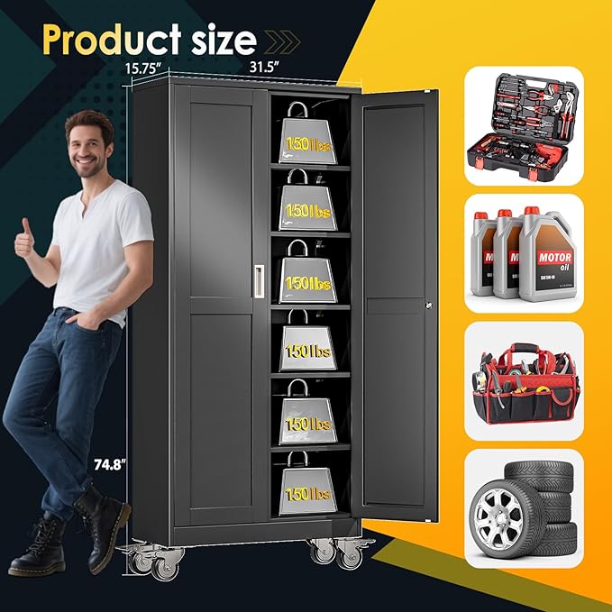 75''H Metal Garage Storage Cabinet with Wheels,Steel File Cabinets with 2 Doors and 5 Adjustable Shelves for Home Office, Warehouse, Required Assembly,Black