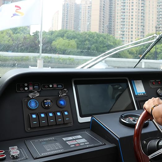 Marine Boat Switch Panel Waterproof, 5 Gang Marine Rocker Switch Aluminum Panel with 3 Port 66W 12V USB Outlet Car Charger, 150W Cigarette Lighter Socket and Blue LED Voltmeter for Truck Car RV, etc.