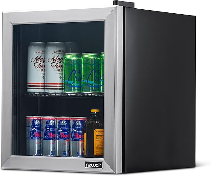 NewAir 60 Can Beverage Refrigerator | Compact Small Mini Fridge for Bedroom, Office or Dorm | Quiet Cooling, Adjustable Shelf & Glass Door Drink Cooler
