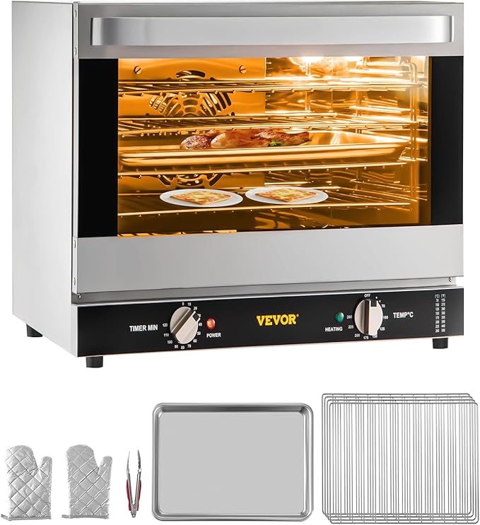 VEVOR Commercial Convection Oven, 66L/60Qt, Half-Size Conventional Oven Countertop, 1800W 4-Tier Toaster w/Front Glass Door, w/Trays Wire Racks Clip Gloves, 120V