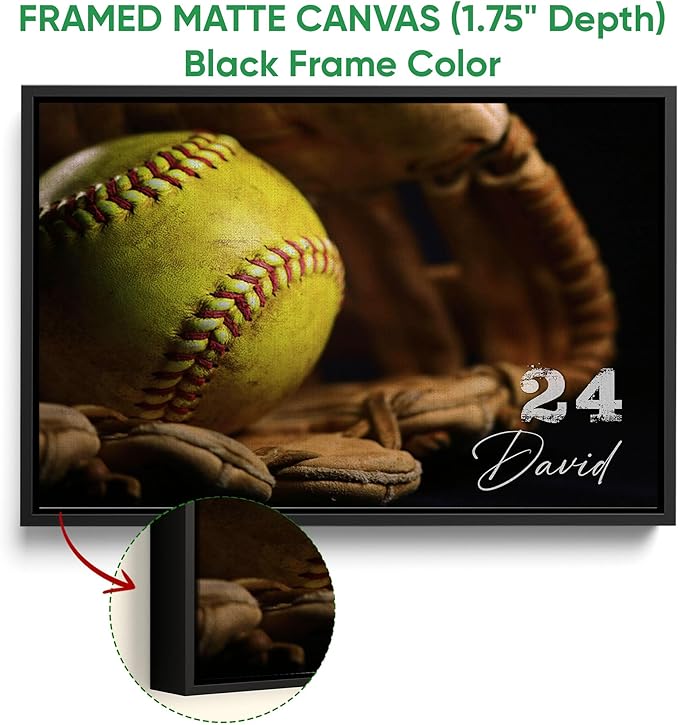 Personalized Softball Poster & Framed Canvas, Softball Old Glove Vintage Home Office Decor, Custom Name Number Bedroom Living Room Aesthetic Wall Art Gift For Girl, Women
