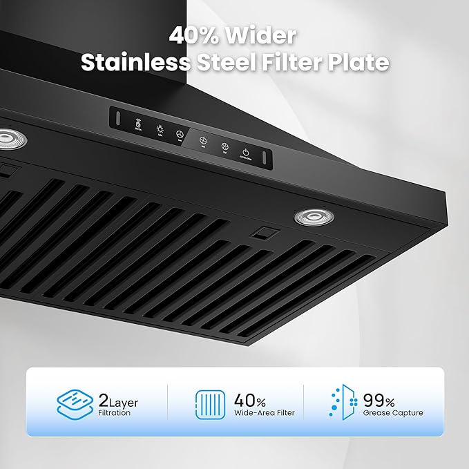 Black 36 inch Pro Wall Mount Range Hood 980CFM, Direct 3 Speed Panel with Gesture & Touch Control, Ducted/Ductless Stainless Steel Kitchen Vent Hood, Delay Shut-Off, Includes Duct & Filter