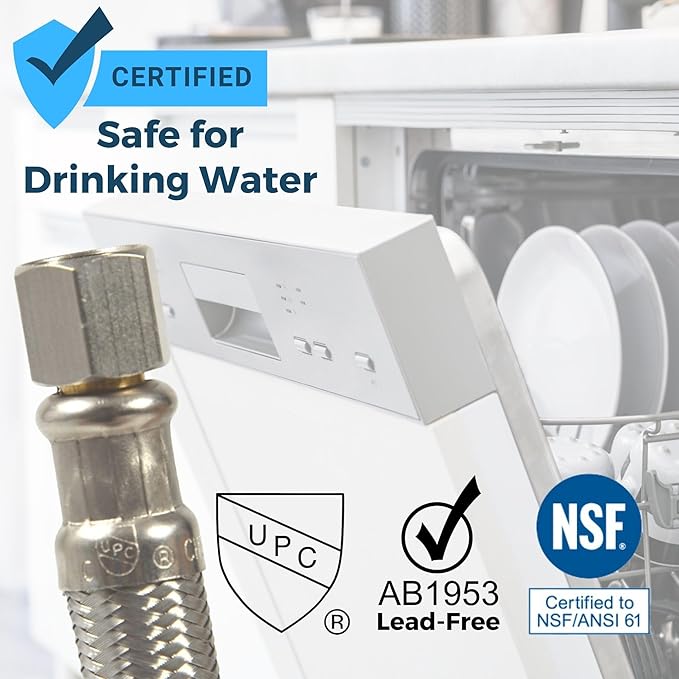 Dishwasher Water Hose Kit (10 FT) - Universal Fit to All Dishwasher Brands - Braided SS Dishwasher Water Supply Line - 3/8" Comp x 3/8" Elbow & All Fittings Included