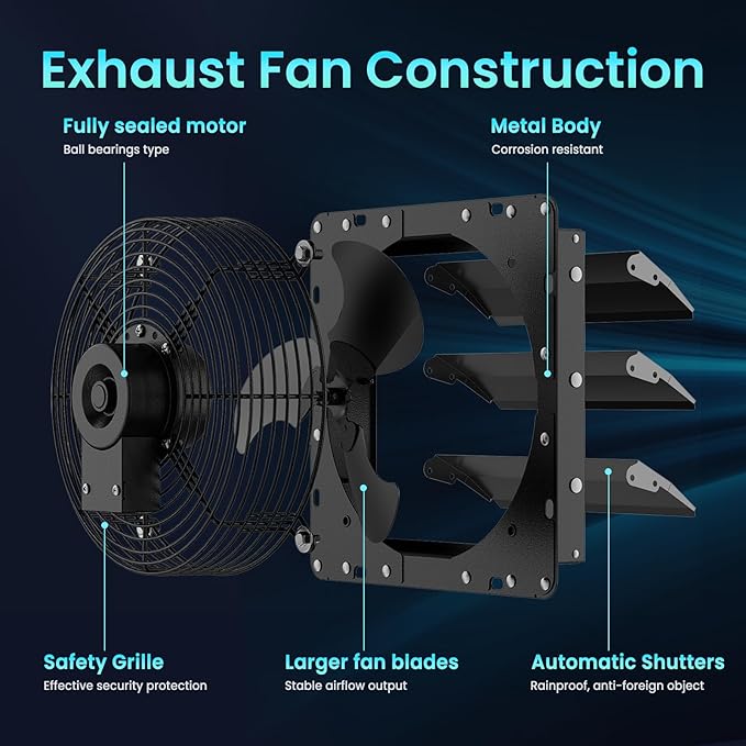 HG Power 10 Inch Shutter Exhaust Fan, 647CFM Quiet Garage Exhaust Fan with 8 Foot Long ON/OFF Switch Cable for Chicken Coop, Shed, Basement, Gable, Kitchen, Attic Ventilation Use, Black
