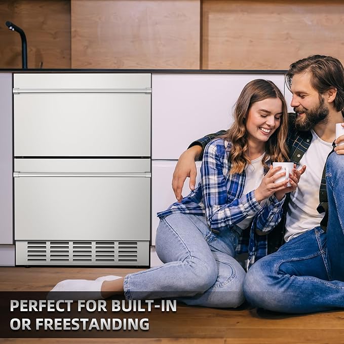 24 Inch Under Counter Double Drawer Fridge,Two Drawer Refrigerator Indoor Beverage Refrigerator, Stainless Steel Beverage Fridge for Home & Commercial Use (Foam Door)