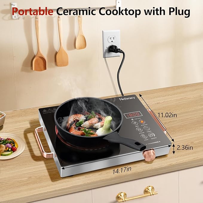 Single Burner Electric Cooktop 110V, Nefaracy Portable Electrical Stove 1800W Electric Burner Portable with Handle Touch Control & Knob Control, Timer, Safety Lock(Plug in)