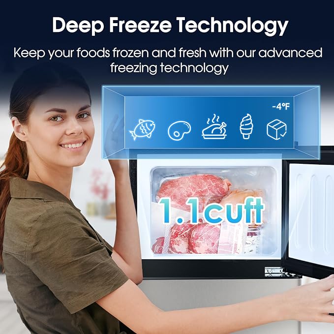 3.2 Cu.Ft Fridge with Freezer with 2 Doors, Refrigerator with 7 Level Temperatures, LED Light, Adjustable Shelves, Food Storage Cooling Drink for Bedroom, Office, Dorm, Apartment, Silver