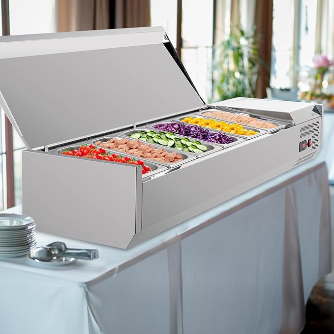 ROVSUN Refrigerated Condiment Prep Station, 59" Sandwich Prep Table ETL NSF, 34.2QT Salad Bar Prep Rail w/Auto Defrost, Temp Control, Stainless Steel Cover & 6 * 1/3 Pan for Restaurant Food Truck