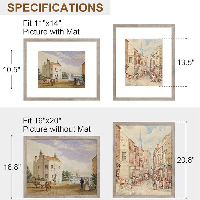 Vittanly 16x20 Picture Frame, Solid Wood Frame with Plexiglass, Includes 11x14 Mat, Wall Hanging for Photos, Home Decor, Light Brown, 1 Pack