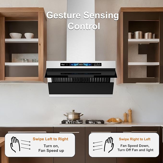Awoco 30" Wall Mount Range Hood, Side-Draft Design, 4 Speeds Exhaust Fan with 800 CFM, Voice, Gesture, Touch & Remote Control, 6" Vent, Dimmable LED Light Bars, Adjustable Chimney up to 39"