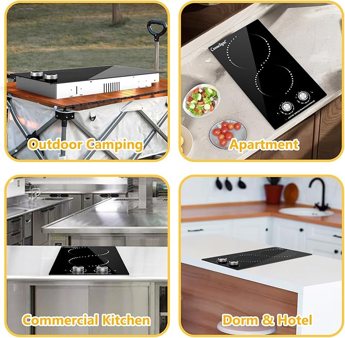 12 Inch Electric Cooktop, 2 Burner Electric Stove Top with 9 Power Levels, Knob Control, Auto shutdown and Residual Heat Warning, 2000W, Ideal for Countertop & Built-In Use (110-120V)